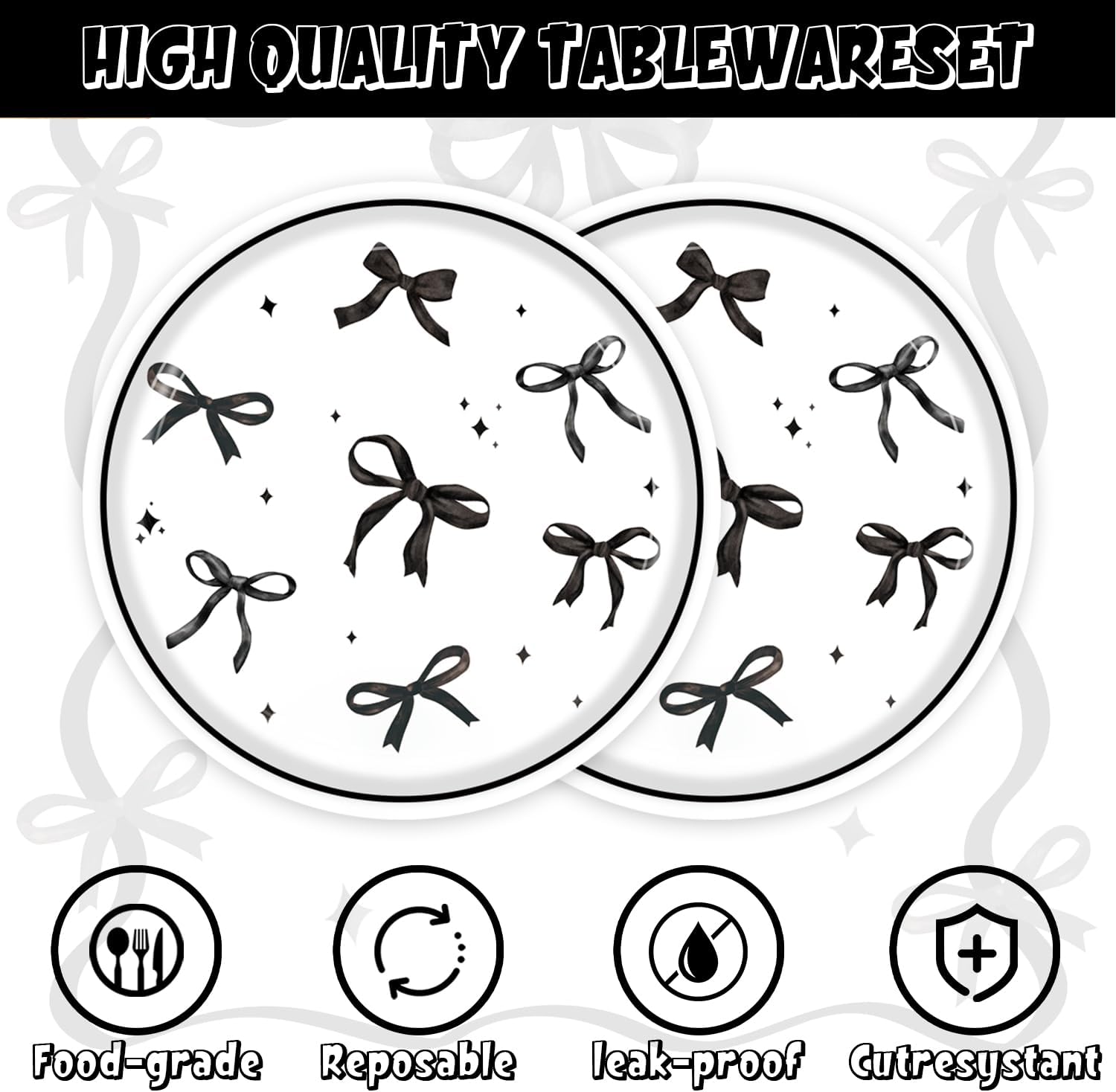 40pcs Black Bow Birthday Decorations Sophisticated Coquette Birthday Supplies,Black Bow Plates and Napkins,Suitable for 20 Guests