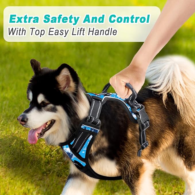 BARKBAY No Pull Dog Harness Large Step in Reflective Dog Harness with Front Clip and Easy Control Handle for Walking Training Running(Blue camo,XL)-PawvioPets