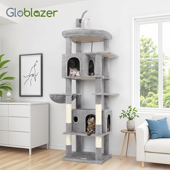 Globlazer Large Cat Tree Tower, Tall Cat Tree Condos for Indoor Cats Large Adult Cat Climbing Tower with 2 Spacious Caves, Oversized Top Perch, Big Hanging Basket, Cat Teaser Wand, F74B, Light Grey-PawvioPets