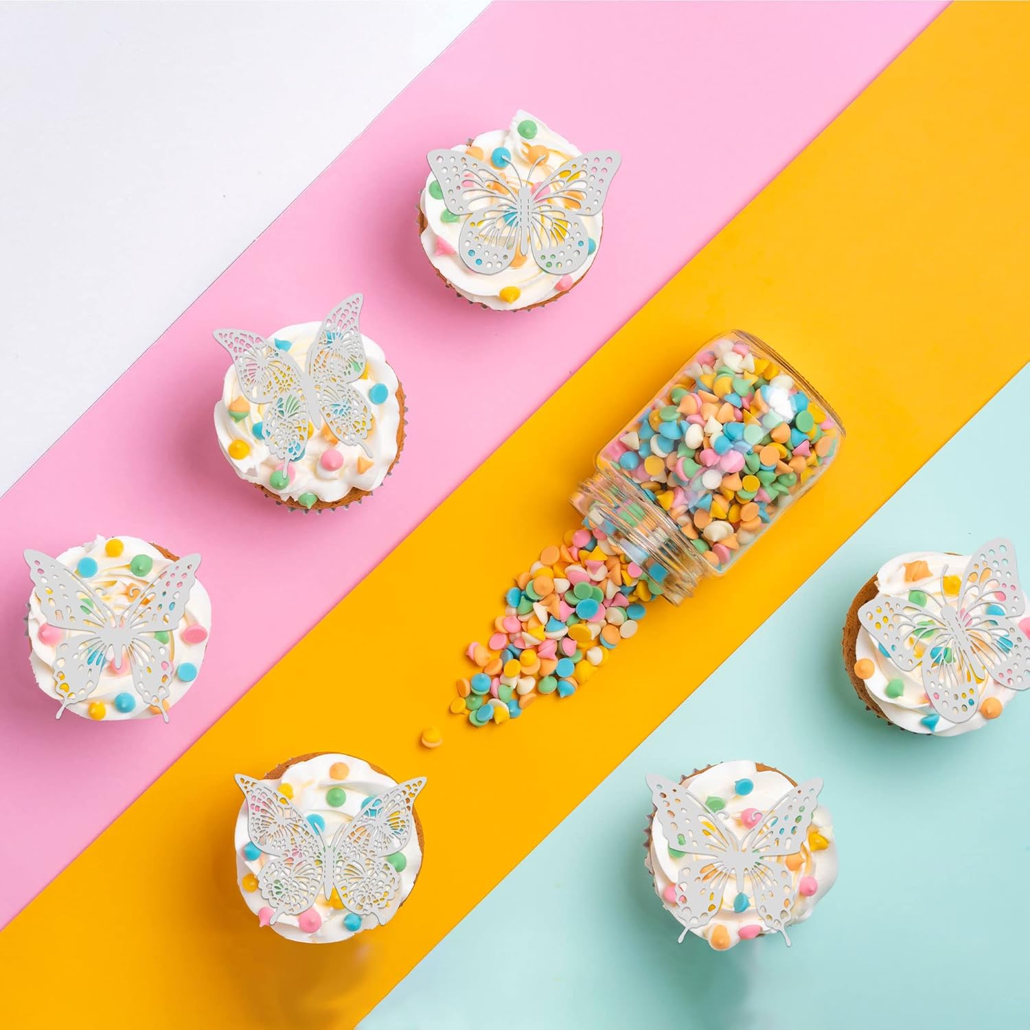 Gyufise 36 Pack Silver Glitter 3D Butterfly Cupcake Toppers Hollow Cake Decorations for Birthday Wedding Fairy Party Wall Sticker Decal