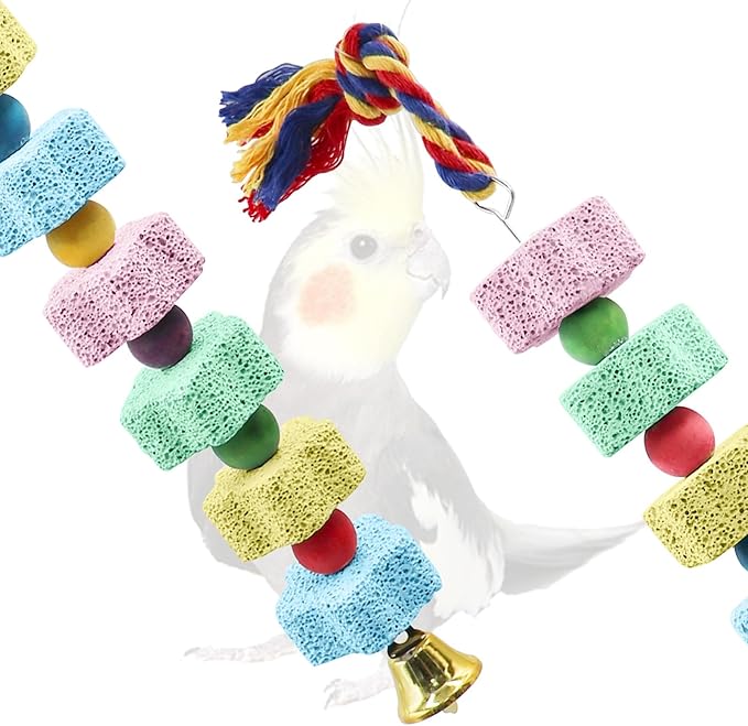 2 Pack Mineral Block Chew Toys with Colorful Beads and a Bell, Bird Beak Grinding Stone, Cage Accessories for African Grey, Budgies, Cockatiels, Small to Medium Birds-PawvioPets