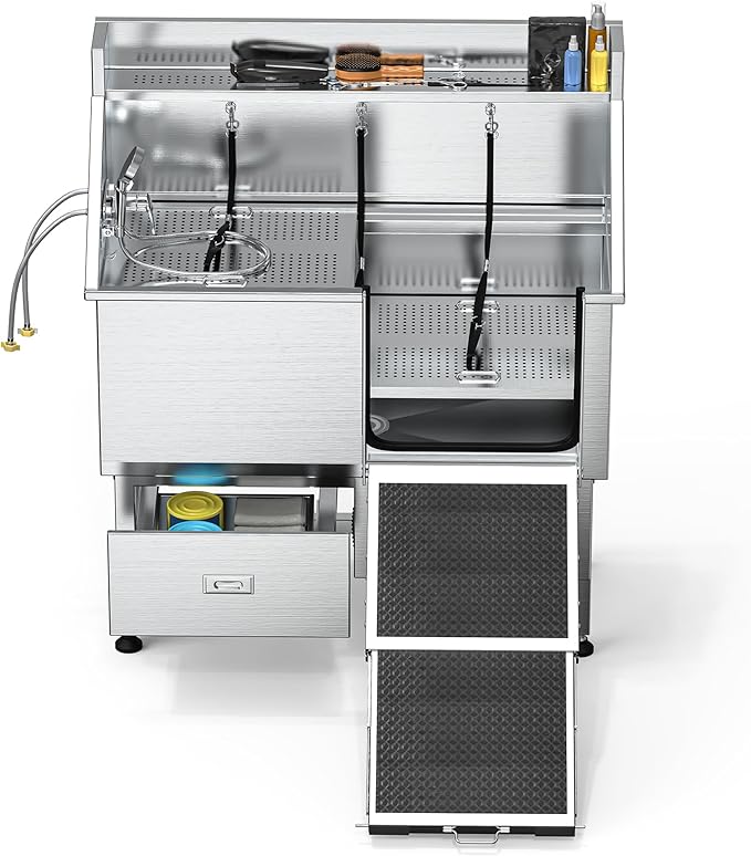 DWVO Professional Dog Bathing Station Stainless Steel 304 Dog Bathtub 50in for Grooming w/Left Door Ramp, 2 Storage Drawers, Faucet, Grate, Pet Washing Station for Large, Medium, Small Pets-PawvioPets