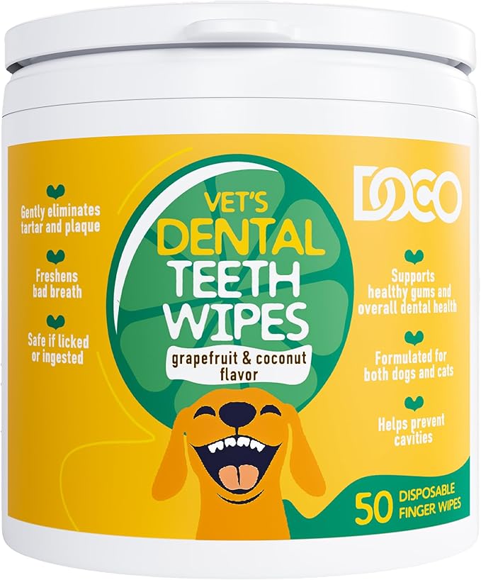 DOCO Dog Teeth Cleaning Wipes Dental Finger Wipes for Cats & Dogs Remove Plaque & Tartar, Freshen Breath, No Rinse, Easy Pet Tooth Cleaning Kit for Oral Care, Coconut & Grapefruit Flavor, 50 Count-PawvioPets