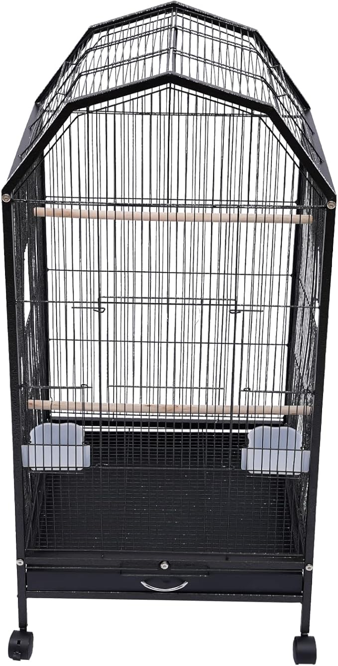 40-Inch Wrought Iron Bird Cage with Open-Top and Rolling Stand, Movable Parrot Cage Pet Bird Flight Cage, 360 Degree View Spacious Interactive Roof Pet Bird House for Medium&Small Birds-PawvioPets