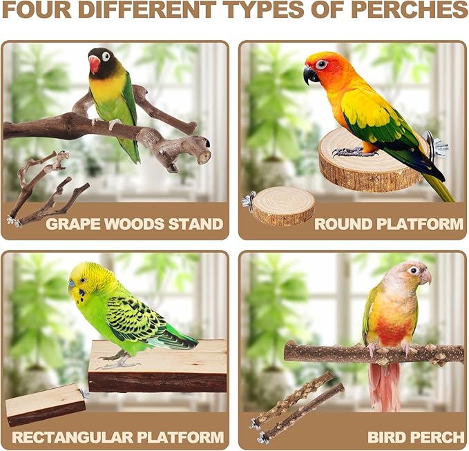6-Piece Bird Perch Set - Natural Wood Grape Sticks, Paw Grinding Forks, Bird Stand & Toys for Parakeets, Cockatiels, Conure, Budgies-PawvioPets