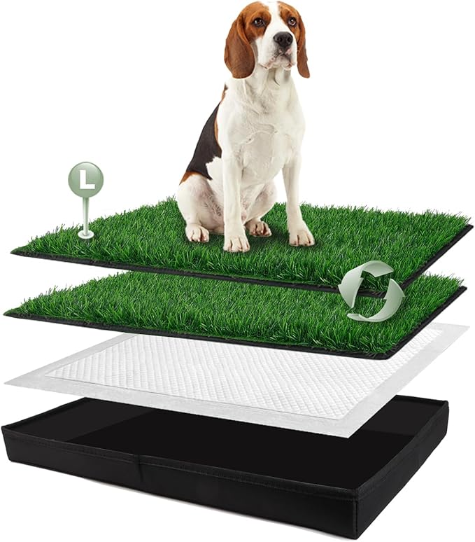 Dog Grass Pad with Foldable Dog Litter Box, Large Liner Base (33”×23”) for Balcony, 2 Artficial Grass Pee Pads for Dogs, Pee Pad Holder, Potty Training-PawvioPets
