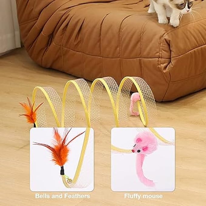 2Pcs Folded Cat Tunnel Toy for Indoor Cats,Collapsible Pet Spring Cat Toys with Feather Mouse Upgrade Interactive Toy Playing Tent for Puppy Kitten Accessories Home Self-Happy Cat Toys (Yellow)-PawvioPets