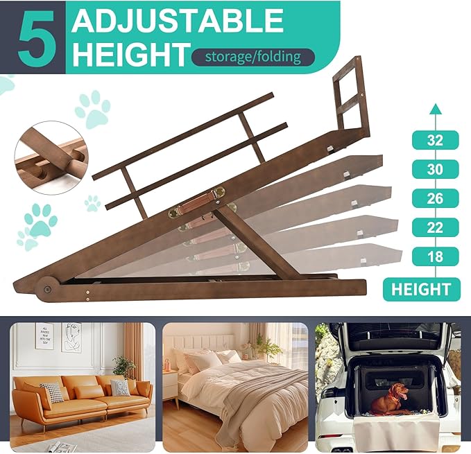 Dog Ramp, 5 Level Adjustable Height Folding Pet Ramp for High Bed, Portable Paw Ramps Large Bed Ramp for Medium & Large Old Dogs & Cats - Natural Wood Furniture Quality-PawvioPets