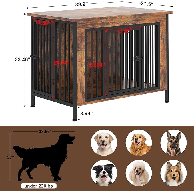 EasyCom 39.96" XL Wooden Large Dog Crate Furniture for Medium and Large Breed, Chew-Resistant Dog Kennel Furniture Indoor with 2 Doors and 3.94" Raised Feet, as TV Stand, End Table, Crate Table-PawvioPets