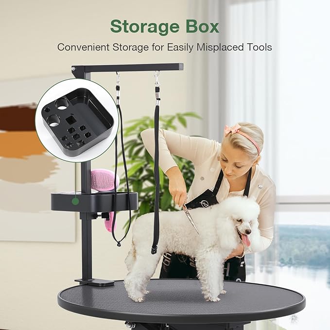 Electric Hydraulic Lift Pet Dog Grooming Table, 24Inch 360° Rotating Grooming Desktop for Small Dogs, with Overhead Arm, Wireless Remote, Tool Organizer, Black-PawvioPets