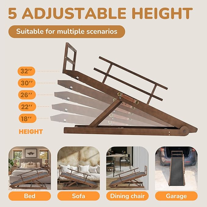 Dog Ramp for Bed, 5 Level Adjustable Dog Ramp for High Beds, Upgrade Rubber Mat High Traction Ramp with Safety Rails, Folding Pet Ramp for Bed, Couch,SUV, Natural Wood Pet Ramp for Small & Old Dogs-PawvioPets