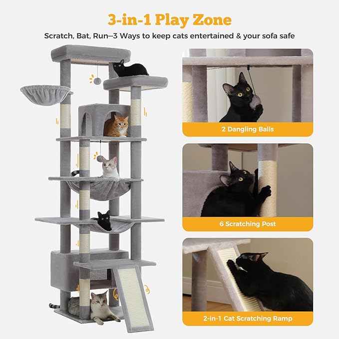 81" Heavy Duty Cat Tree for Large Cats up to 20lbs - Extra Tall Cat Tower with Metal Frame Hammock, 6 Sisal Scratching Posts, 2 Perches - Indoor Cat Furniture for Maine Coon, Big Cats, Gray-PawvioPets