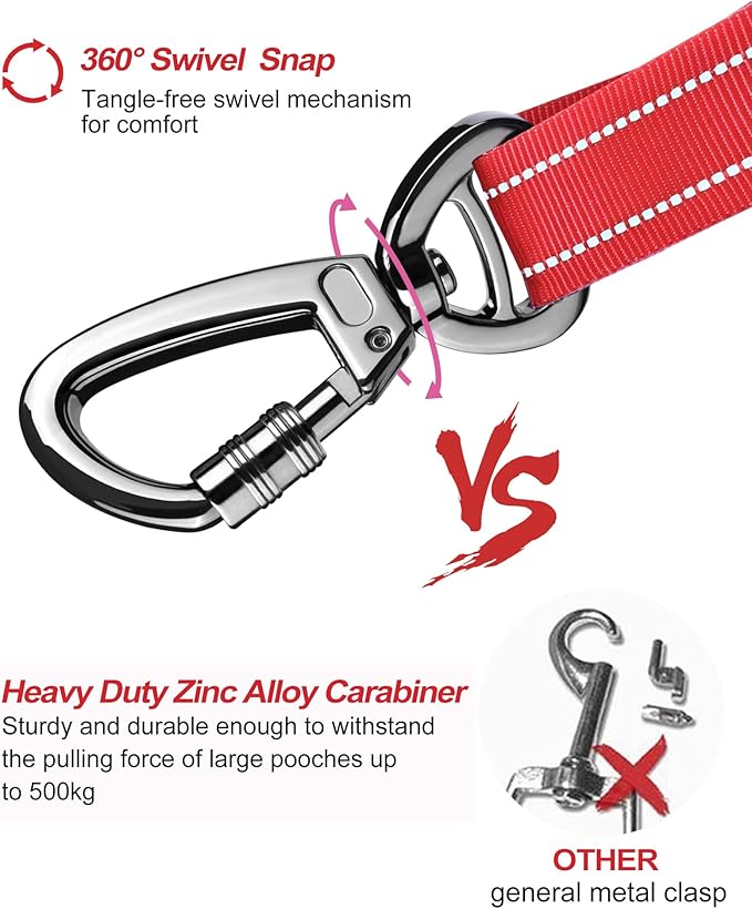 AUBELL Dog Seat Belt for Car,2 Pack Set 3-in-1 Adjustable Reflective Bungee Heavy Duty Dog Car Harness Tether with Clip Hook Latch & Buckle,Swivel Zinc Alloy Carabiner,Black+Red-PawvioPets