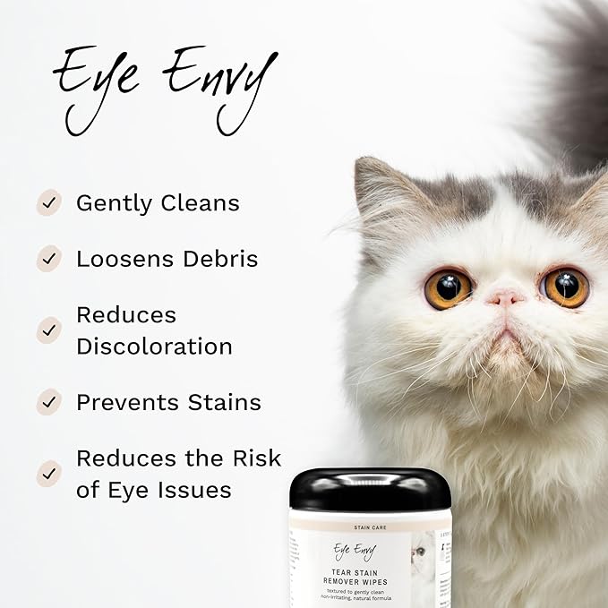Eye Envy Tear Stain Wipes for Cats. Textured to Gently Clean, Treats The Cause of Staining. 100% Natural Formula. Recommended by Persian & Exotic Breeders, Vets, Groomers. USA Made. 60 Cat Eye Wipes-PawvioPets
