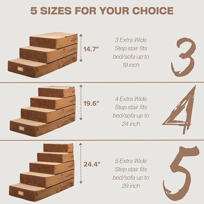 All-in-One Adjustable Dog Stairs – 5-Step Premium Pet Ramp for Small to Large Dogs – Sturdy, Non-Slip & Versatile for Beds, Sofas & More - Soft Cover, Modern Design (Brown)-PawvioPets