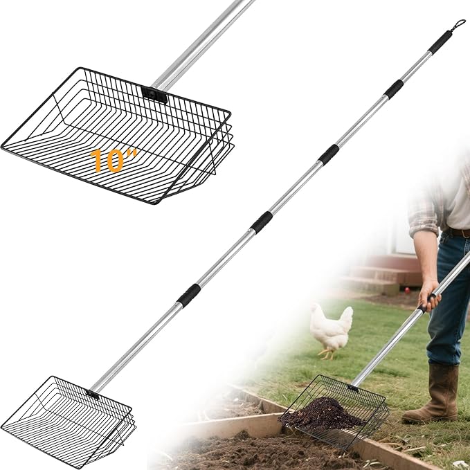 10inch Large Chicken Poop Scooper,36 to 67" Adjustable Long Chicken Coop Litter Metal Scoop with Stainless Steel Handle,5-in-1 Detachable Poop Shovel for Sand,Pet,Chicken,Cat Cleaning Tools.-PawvioPets