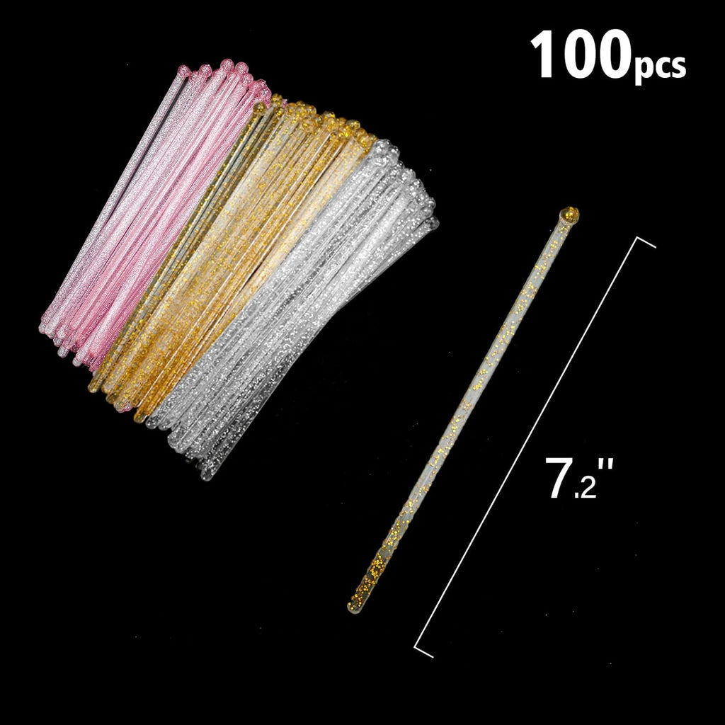 100-PCS Gold Pink Silver Glitter Plastic Swizzle Sticks, Crystal Cake Pops, Cocktail Coffee Drink Stirrers, Stir Sticks for Christmas Party Wedding, 7.24 Inch