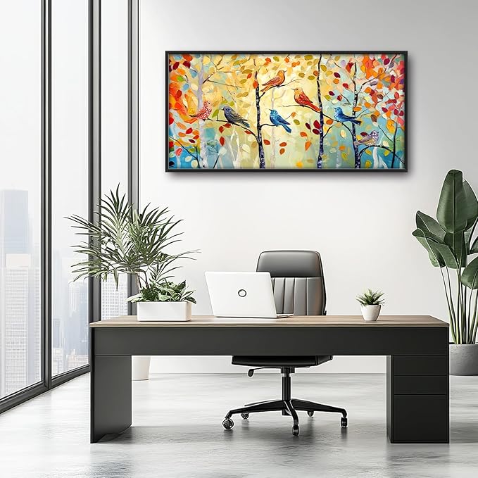 Extra Large Framed Abstract Bird Forest Wall Art,Colorful Birds Birch Tree Wall Decor Pictures for Living Room,Canvas Print Painting Modern Artwork Bedroom Office Bathroom Home Decor 60L x 30W-PawvioPets