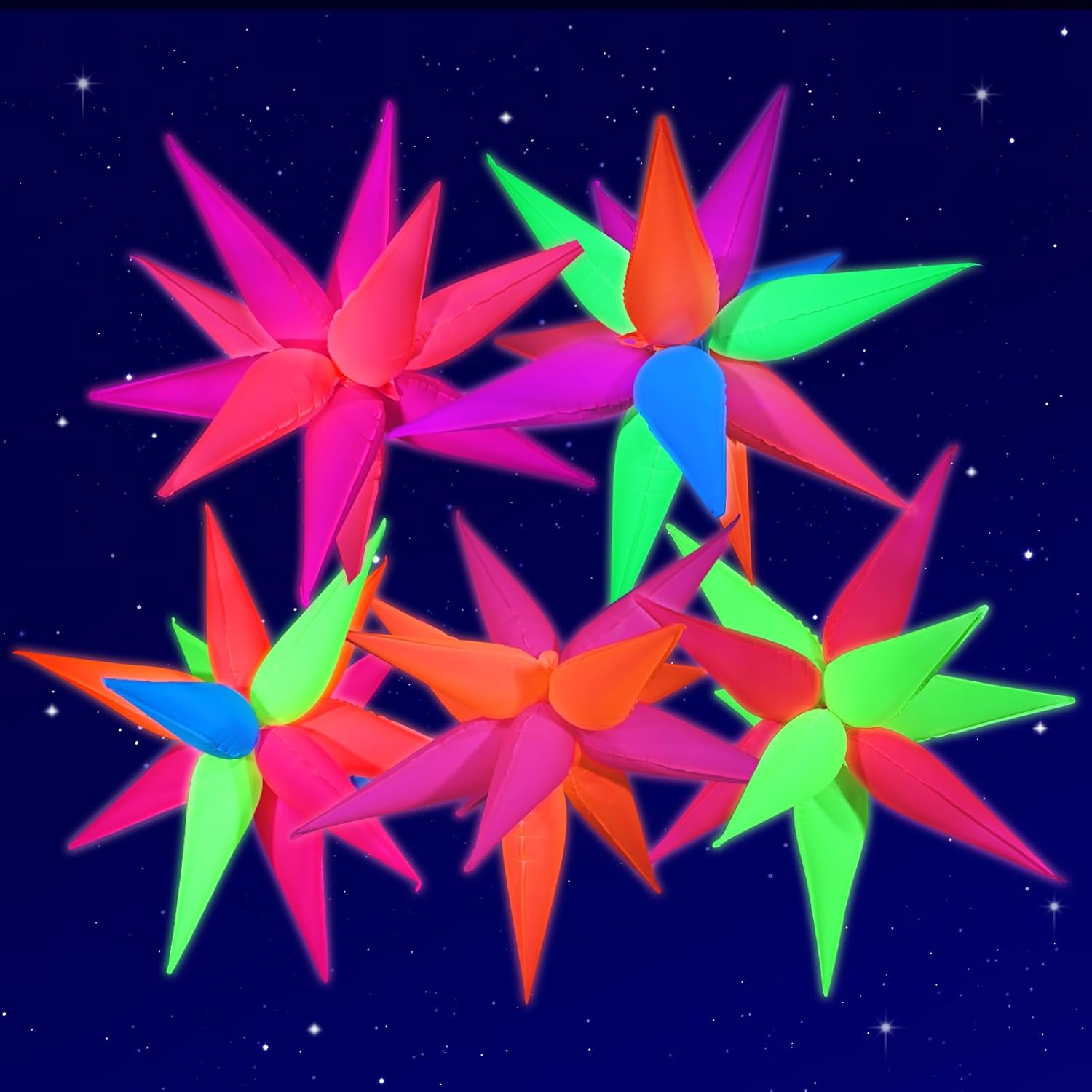 Mega-L Glow Glow in The Dark Party Supplies, 5 Pcs Neon Star Balloons Kit – Neon Foil Explosion & 12 pt Cone Balloons for Arches/Garlands. Perfect for Birthday, Wedding, Anniversary, Graduation Party