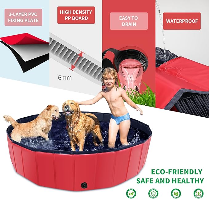 Foldable Dog Pool, 39" x 12" Kiddie Pool with Hard Plastic, Non-Slip Dog Bath Tub for Outdoor Backyard, Collapsible Dog Swimming Pool for Kids Dogs Pets (Red)-PawvioPets