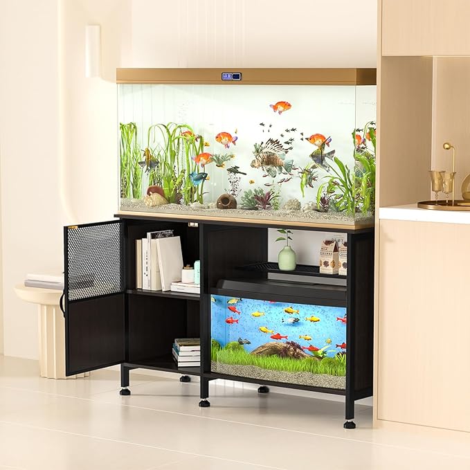 Fish Tank Stand, Modern Aquarium Stand with Built-in Cabinet and Shelves - Sleek Black Iron and Wood Grain Design for Stylish Home Décor（ 51.97" x W 19.69" x H 31.5"） Black-PawvioPets