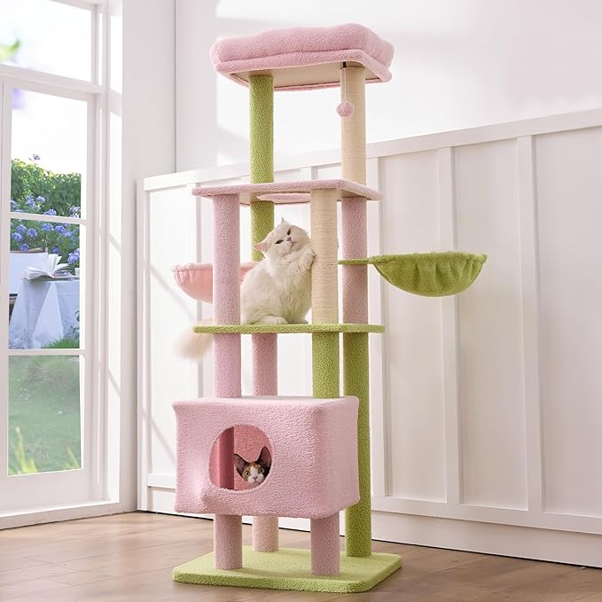 Gardner Pet 65in Heavy Duty Cat Tree Tower for Large Cats, Multi-Level Cat Furniture with Replaceable Sisal Scratching Post, Hammock | Extra-Large Platform & Condo (Pink&Green, Basic φ:2.84")-PawvioPets