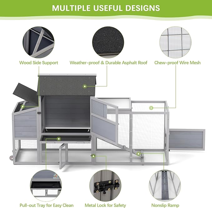 COZIWOW 82" Large Wooden Chicken Coop, Outdoor Rabbit Hutch, Guinea Pig Pet House with Wheels, Sunshine Board, Asphalt Roof, Ramp, Openable Top, Door, Window, Pull-Out Tray, Indoor Bunny Cage (Gray)-PawvioPets