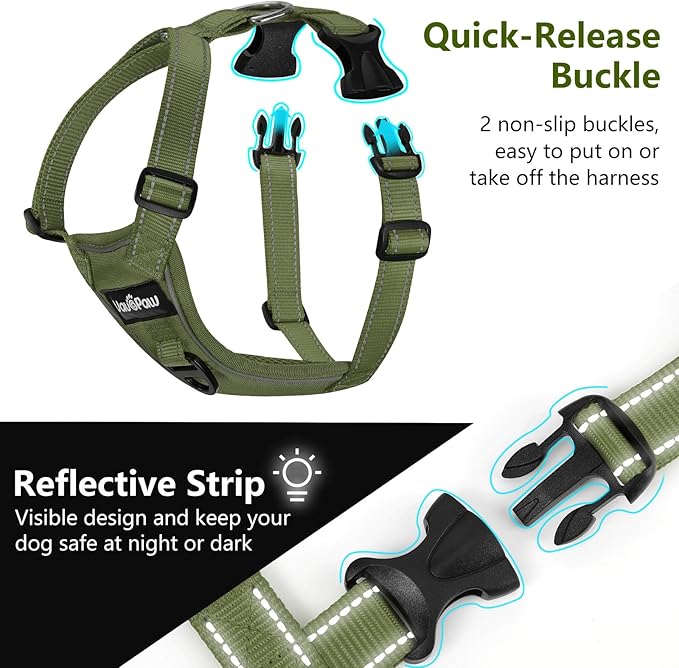 Dog Seat Belt Harness for Car, Dog Car Harness Adjustable Mesh Breathable & Dogs Seatbelt Safety Tether with Elastic Bungee for Small Medium Large Pets(Army Green, L)-PawvioPets