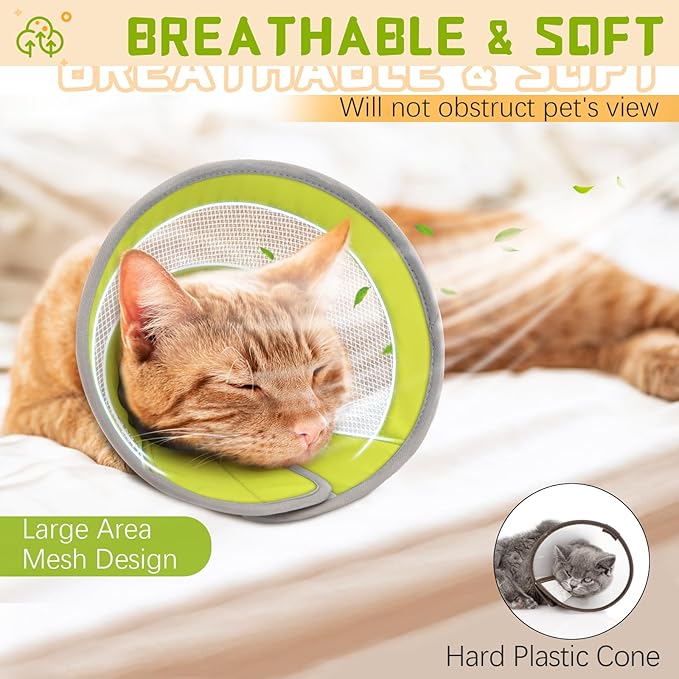 Breathable Air Mesh Cat Cone Collar Soft to Stop Licking, Adjustable, Foldable Lightweight Kitten Cones After Surgery Recovery for Cats & Kittens (Green, M)-PawvioPets
