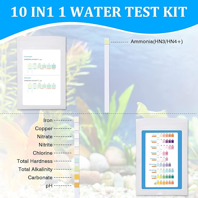 Aquarium Test Strips for Freshwater: 10 in 1 Aquarium Ammonia Test Strips for Fish Tank Ammonia Test Kit for Aquarium Pond - Testing Ammonia Nitrate Nitrite pH,etc-PawvioPets