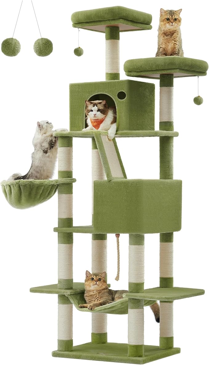Feandrea Cat Tree, 81.1-Inch Large Cat Tower with 13 Scratching Posts, 2 Perches, 2 Caves, Basket, Hammock, Pompoms, Multi-Level Plush Cat Condo for Indoor Cats, Green UPCT190C01-PawvioPets