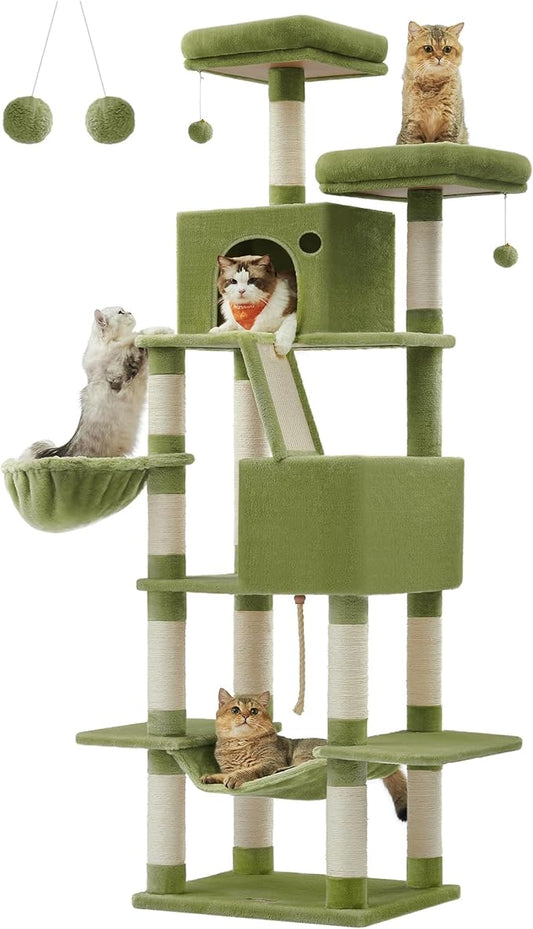 Feandrea Cat Tree, 81.1-Inch Large Cat Tower with 13 Scratching Posts, 2 Perches, 2 Caves, Basket, Hammock, Pompoms, Multi-Level Plush Cat Condo for Indoor Cats, Green UPCT190C01-PawvioPets