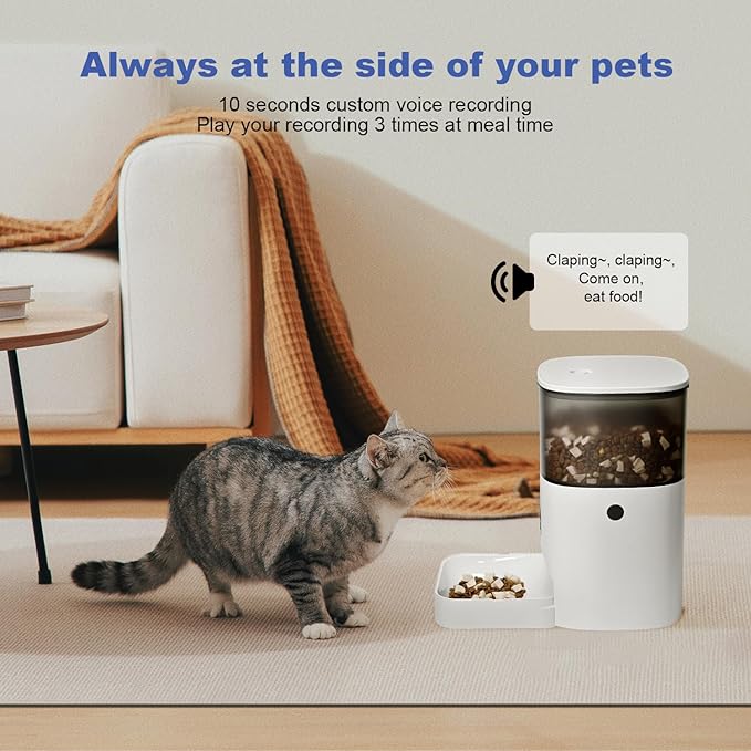Automatic Cat Feeder, 4L Cat Food Dispenser with 10s Voice Recorder, Pet Feeder up to 8 Meals per Day, Timed Dog Feeder with Dry Food Sealed Ring (White, 4L-Basic)-PawvioPets