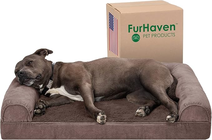 Furhaven Orthopedic Dog Bed for Large/Medium Dogs w/ Removable Bolsters & Washable Cover, For Dogs Up to 55 lbs - Faux Fur & Velvet Sofa - Driftwood Brown, Large-PawvioPets