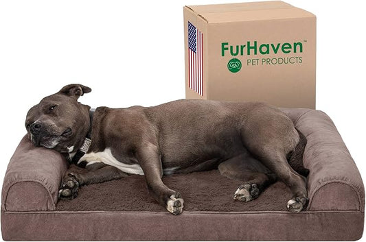 Furhaven Orthopedic Dog Bed for Large/Medium Dogs w/ Removable Bolsters & Washable Cover, For Dogs Up to 55 lbs - Faux Fur & Velvet Sofa - Driftwood Brown, Large-PawvioPets