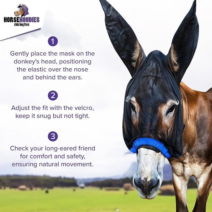 Donkey Fly Mask with Long Ears (Purple) Half Hoodie for Standard Donkey, Made in USA - Mule Fly Mask with Ears Protection from Insects and Bugs, Face Cover Soft Mesh Fabric with Adjustable Fastener-PawvioPets