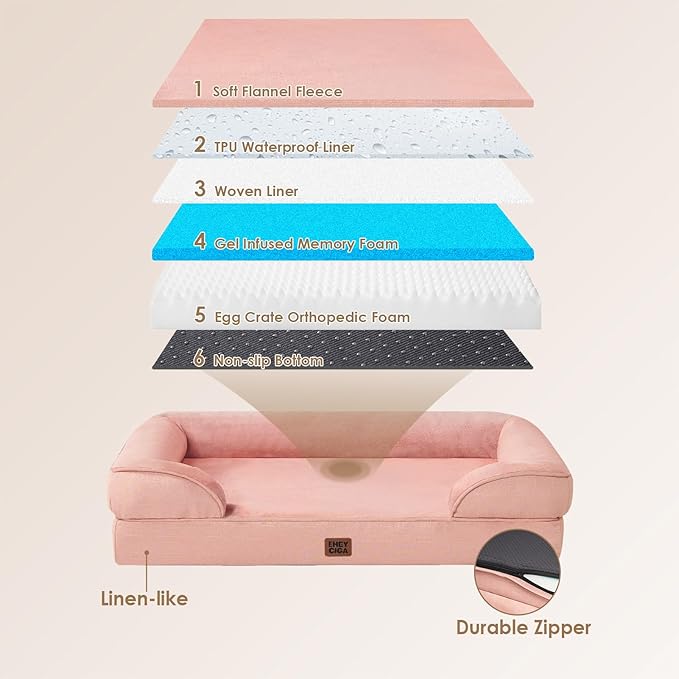 EHEYCIGA Orthopedic XL Dog Beds, Waterproof Memory Foam Dog Bed for Extra Large Dogs, Non-Slip Bottom and Egg-Crate Foam Big Pet Couch Bed with Washable Removable Cover, Dusty Pink-PawvioPets