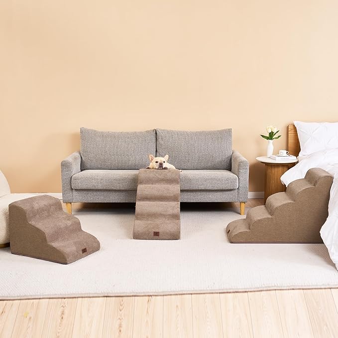 EHEYCIGA Curved Dog Stairs Ramp for High Beds 19.7" H, 4-Step Dog Steps for Small Dogs and Cats, Pet Stairs for High Bed Climbing, Non-Slip Balanced Pet Step Indoor, Camel-PawvioPets