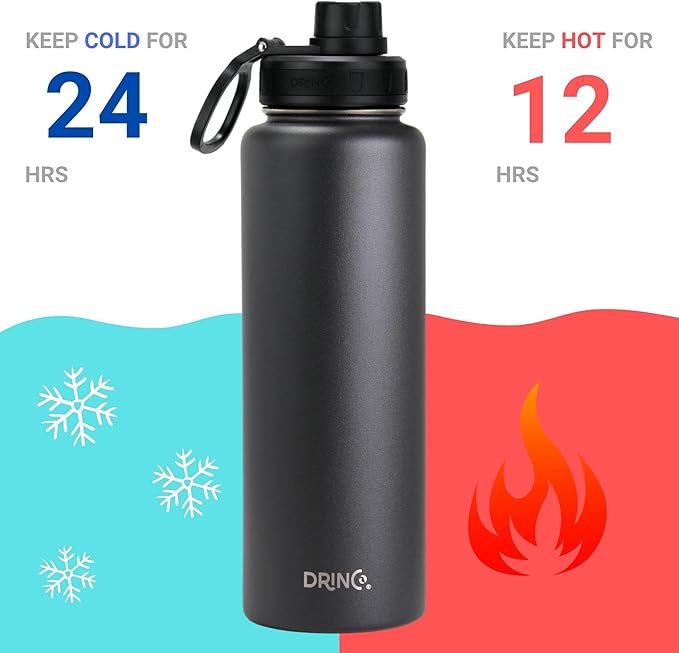 DRINCO Stainless Steel Water Bottle Spout Lid Vacuum Insulated Double Wall Water Bottles Wide Mouth (40oz 32oz 22oz 18oz 14oz) Leak Proof Keeps Cold or Hot (40 oz, 40oz Black)-PawvioPets