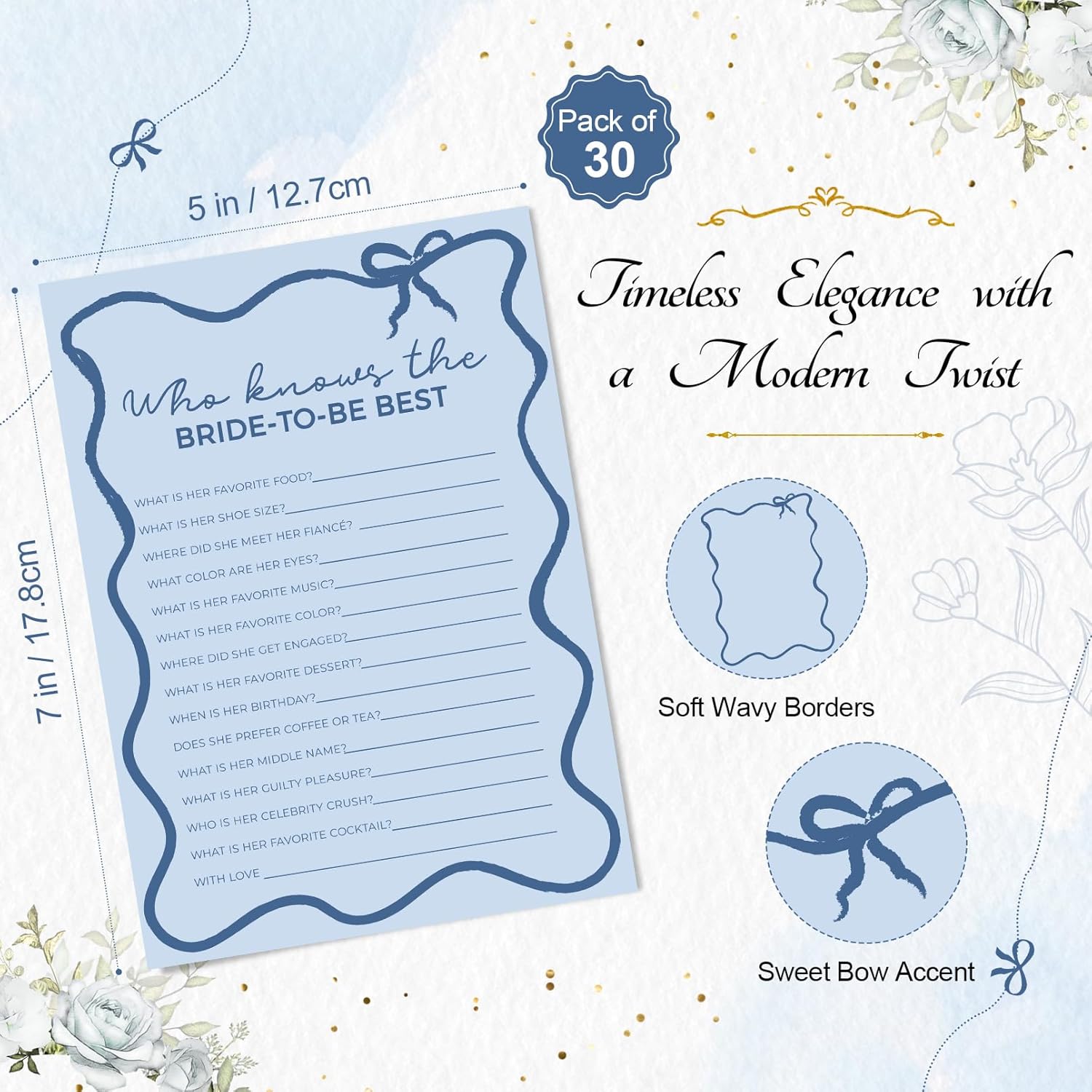 DEEKA 30 PCS Bridal Shower Games Card for 30 Guests Blue Wavy Border Ribbon Bow Funny Wedding Bachelorette Party Games for Reception (Who Knows The Bride-to-be Best)