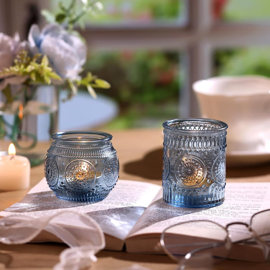 DARJEN 24 Pcs Blue Vintage Candle Holders - Bulk Glass Holders for Party & Wedding Decoration