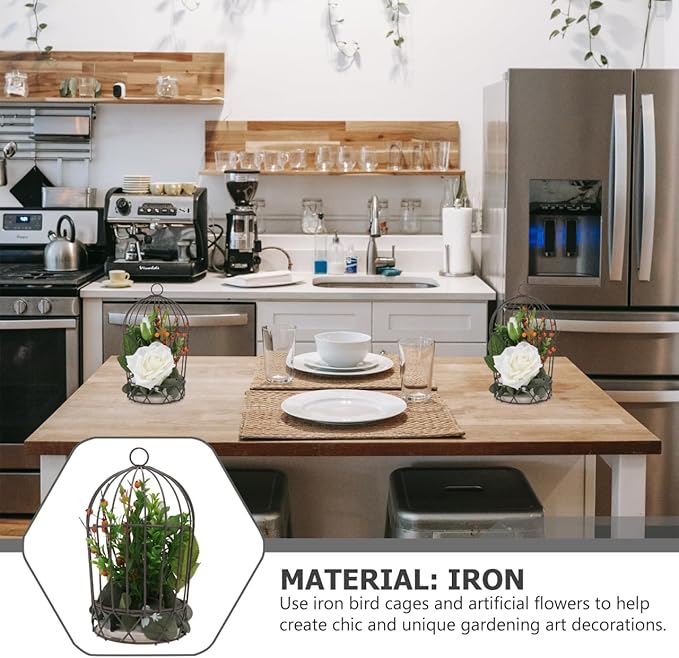 BESTOYARD Hanging Bird Cage Decor with White Simulation Rose Flowers for Home Wedding Table and Garden Ornament-PawvioPets