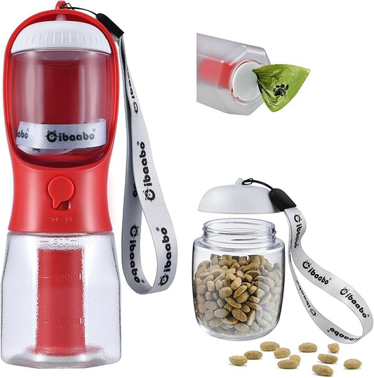 Dog Water Bottle with Food Container & Poop Bag Holder, Travel Water Bowl, Portable Pet Dispenser, Dog Stuff Accessories Items, Puppy Essentials Necessities for Yorkie Chihuahua Walking Hiking-PawvioPets