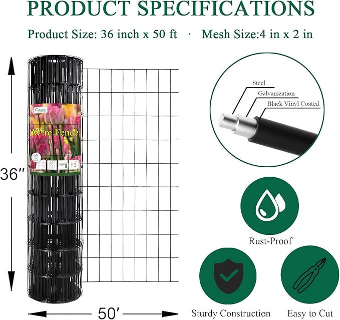 Black PVC Coated Welded Wire Fence 36 Inch x 50 Foot, 2 Inch x 4 Inch 15GA, Garden Border Fencing Roll Vinyl Coating Metal Wire Mesh Hardware Cloth for Yard Vegetable Plant Protection-PawvioPets