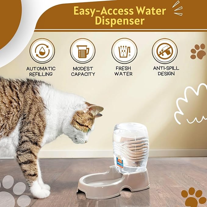Flexzion Automatic Gravity Pet Waterer for Cat & Dog - Non-Skid & Easy-Clean Auto Replenish Water Dispenser Drinking Bowl (1/4 Gallon/ 900ml), Beige-PawvioPets