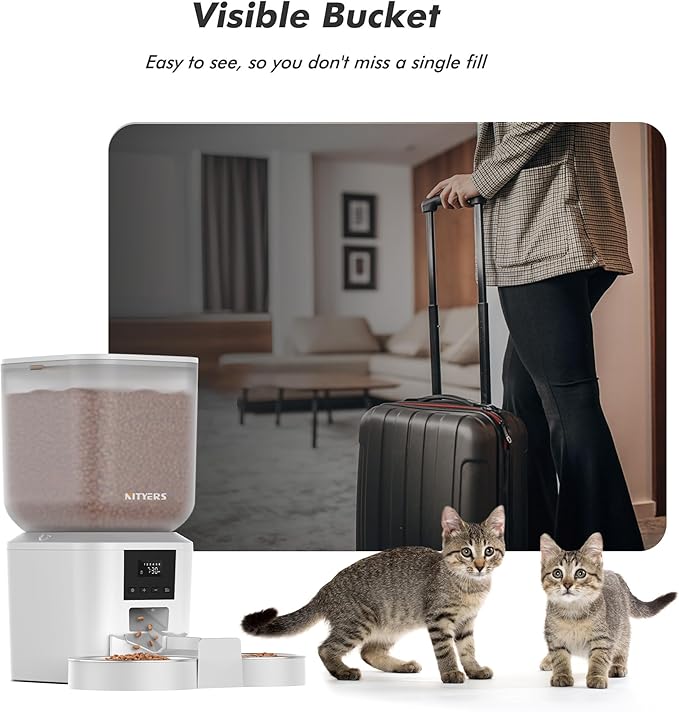 Automatic Cat Feeder for 2 Cats - 8L/34 Cups Large Capacity Auto Food Dispenser with LCD Screen, 2 Food Trays, Timed Cat Feeder, Up to 50 Portions 6 Meals Per Day, Keep Fresh, White-PawvioPets