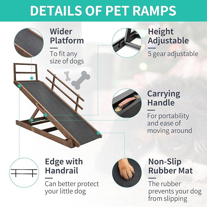 Dog Ramp, 5 Level Adjustable Height Folding Pet Ramp for High Bed, Portable Paw Ramps Large Bed Ramp for Medium & Large Old Dogs & Cats - Natural Wood Furniture Quality-PawvioPets