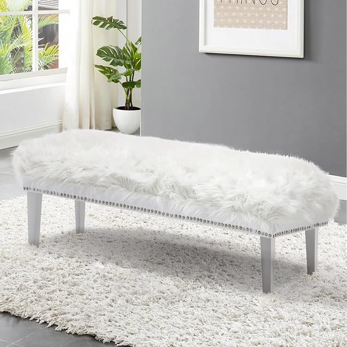 46 Inch White Bedroom Bench, Modern Multi-Purpose Bench with Wooden Legs, White Faux Fur Upholstered Bench for Bedroom, Living Room, or Entryway-PawvioPets