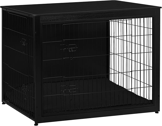 DWANTON Dog Crate Furniture with Cushion, Wooden Kennel Table with Double Doors, Indoor Dog House, Extra Large Size, 43.3" L, Black-PawvioPets