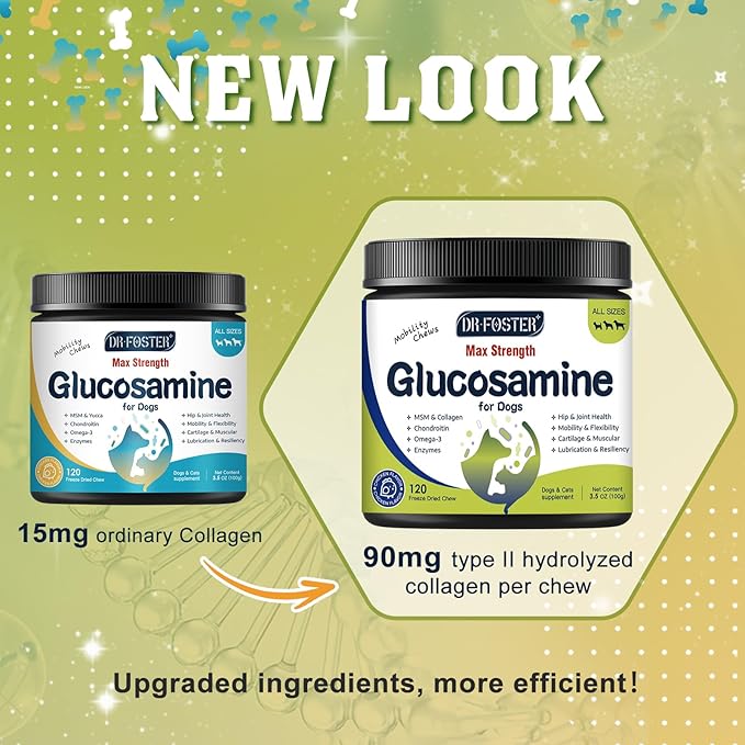 Glucosamine for Dogs, Hip and Joint Supplement for Dogs with Chicken Flavor, Anti Inflammatory, Dog's Chondroitin, Digestive Enzymes, Omega-3, Vitamin D, MSM, Calcium, Turmeric, 120 Freeze-Dried Chews-PawvioPets